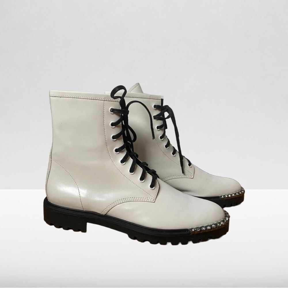 Schutz Turmalina White Leather Lace up Combat Boots Lug Sole Crystal Detail
